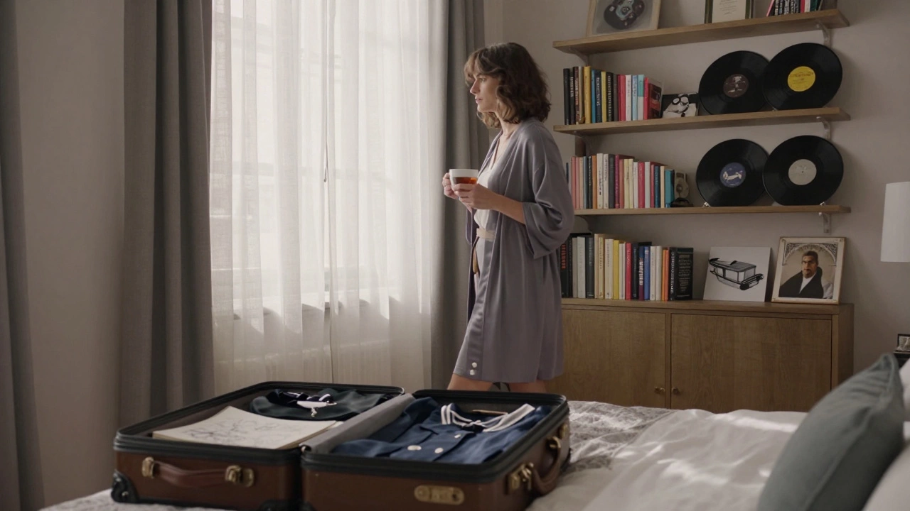 A woman in a robe surrounded by books and art in a sunlit Paris apartment.