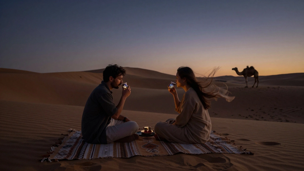 Travelers relaxing on a desert dune at twilight, sipping tea under a starry sky.