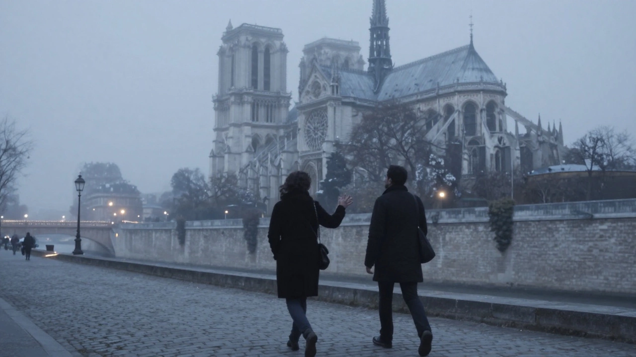 Two figures walking side by side along the Seine at dusk, silhouetted against city lights.