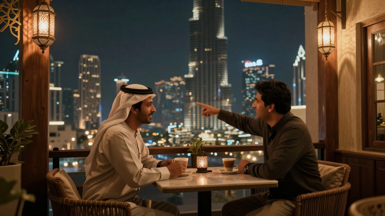 Two people enjoying Emirati coffee on a rooftop terrace as Burj Khalifa lights up at night.